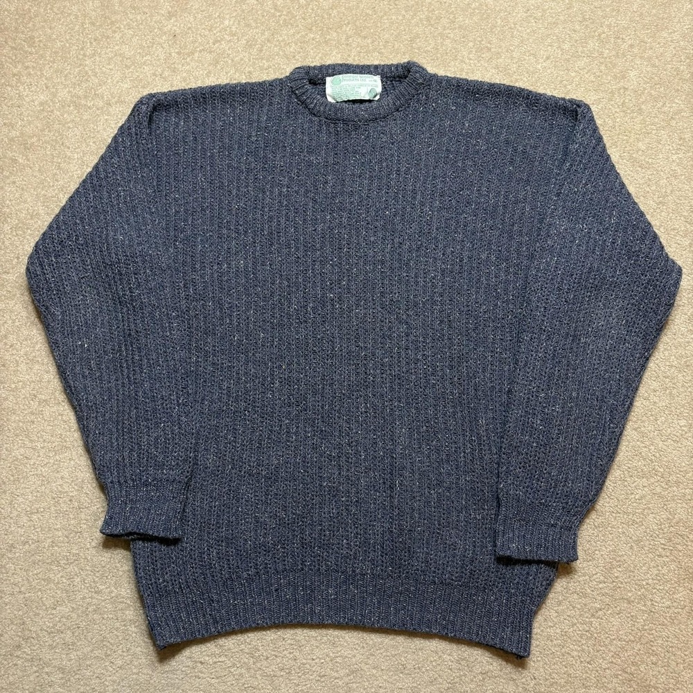 Vtg Donegal Sweater Mens XL Blue Wool Ribbed Aran Chunky Knit Crewneck Ireland